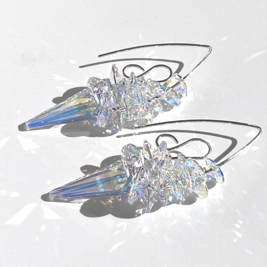 Elegant Scroll Design Large Spike Crystal Cluster Earrings - Argentium Silver (yellow iridescence)