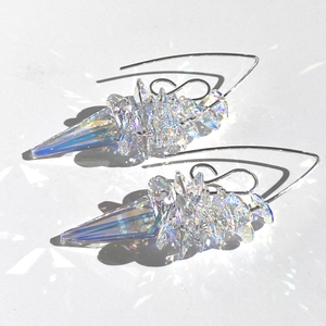 Elegant Scroll Design Large Spike Crystal Cluster Earrings - Argentium Silver (purple iridescence)