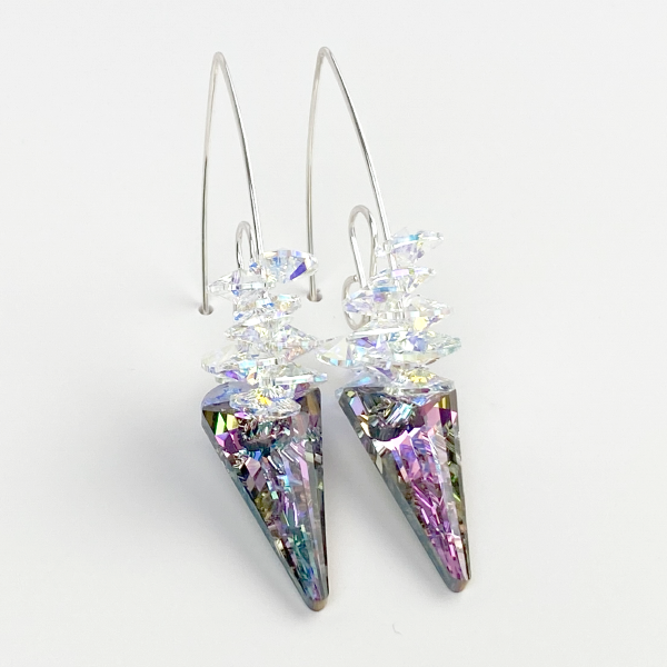 Elegant Scroll Design Large Spike Crystal Cluster Earrings - Argentium Silver (purple iridescence)