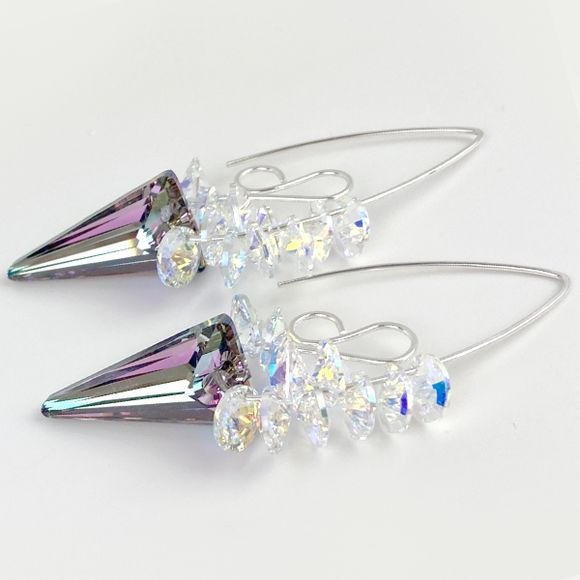 Elegant Scroll Design Large Spike Crystal Cluster Earrings - Argentium Silver (purple iridescence)