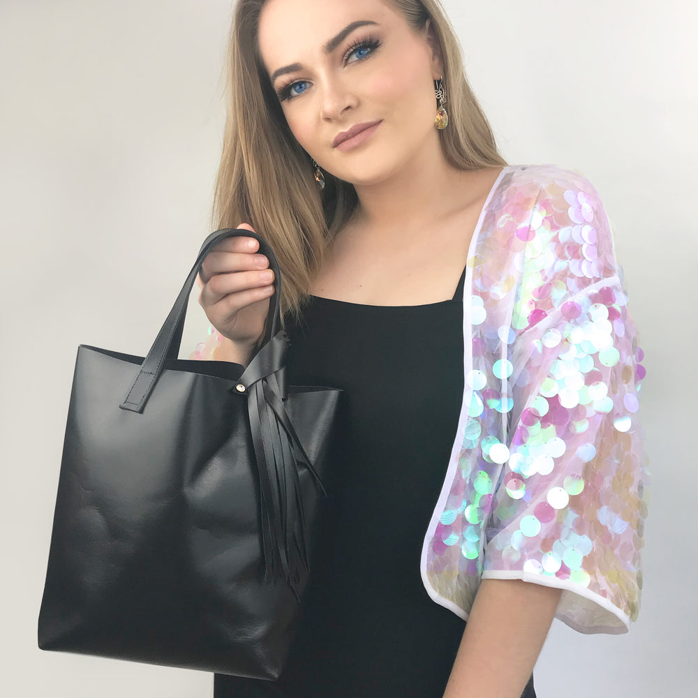 Italian Leather Tall Tote 2 – Fringe Crystal Design