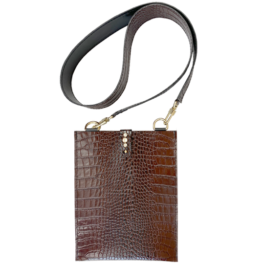 Brown Croc Italian Premium Leather Cell Bag 82 - Crystal Closure