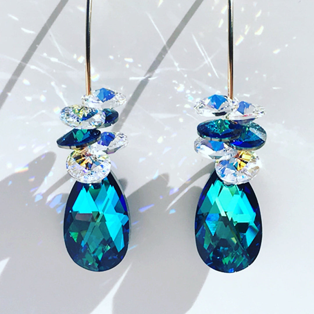 Unique Blue Goddess Bent Hoop Earrings - Crystal Cluster