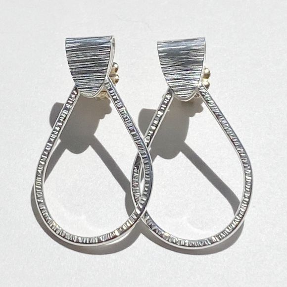 Argentium Silver Textured Pear Shaped Hoop Design Earrings - Classic Textured