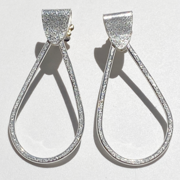 Argentium Silver Textured Pear Shaped Hoop Design Earrings - Silk Textured | Jewelry Made in California