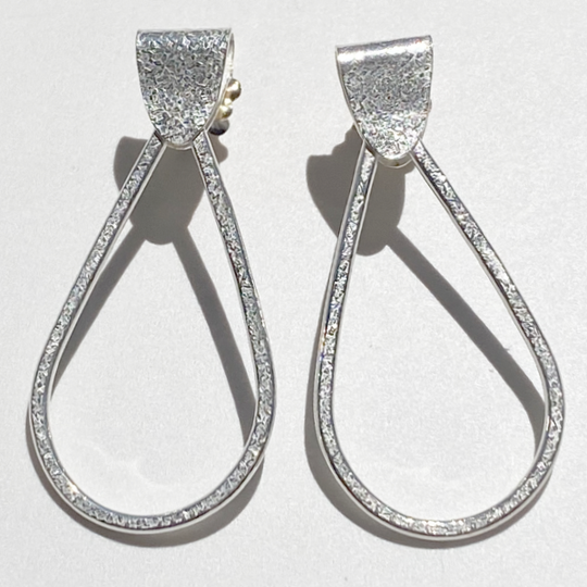 Argentium Silver Textured Pear Shaped Hoop Design Earrings - Silk Textured | Jewelry Made in California