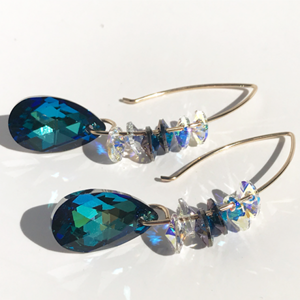 Unique Blue Goddess Bent Hoop Earrings - Crystal Cluster 