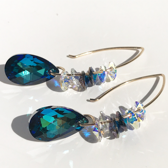 Unique Blue Goddess Bent Hoop Earrings - Crystal Cluster 