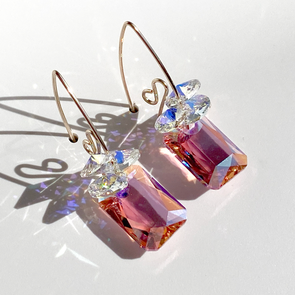 14k Gold Filled Elegant Scroll Emerald Cut Crystal Cluster Earring Collection - Pink Sparkle