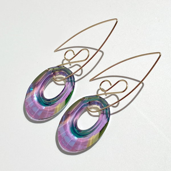 Elegant Long Scroll Design Oval Hoop Crystal Earrings in the color purple