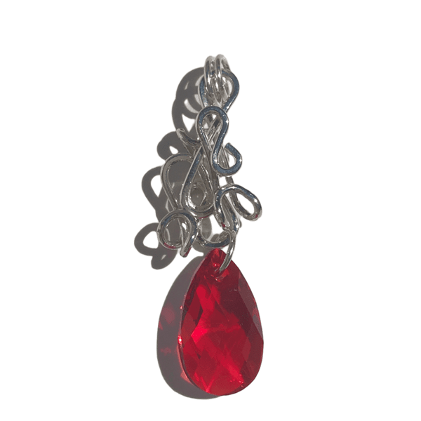 Sculpted Sterling Silver Red Pear Crystal Pendant 