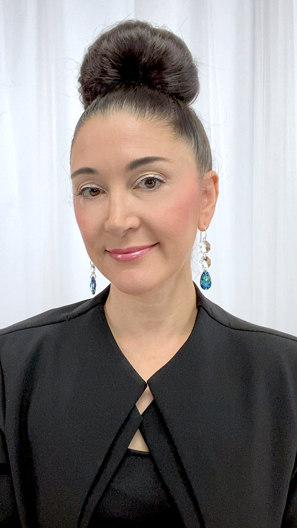 Designer, Lisa Ramos wearing Long Sterling Regal Chandelier Drops - Unique Blue 