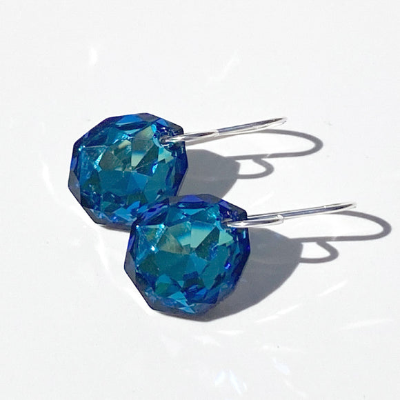Argentium Silver Regal Faceted Crystal Earrings - Unique Blue