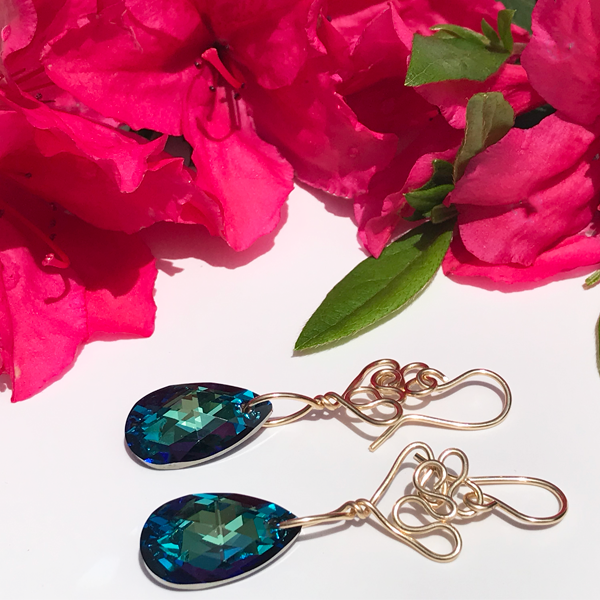 Hand Sculpted Gold Filled Earrings - Pear Crystals