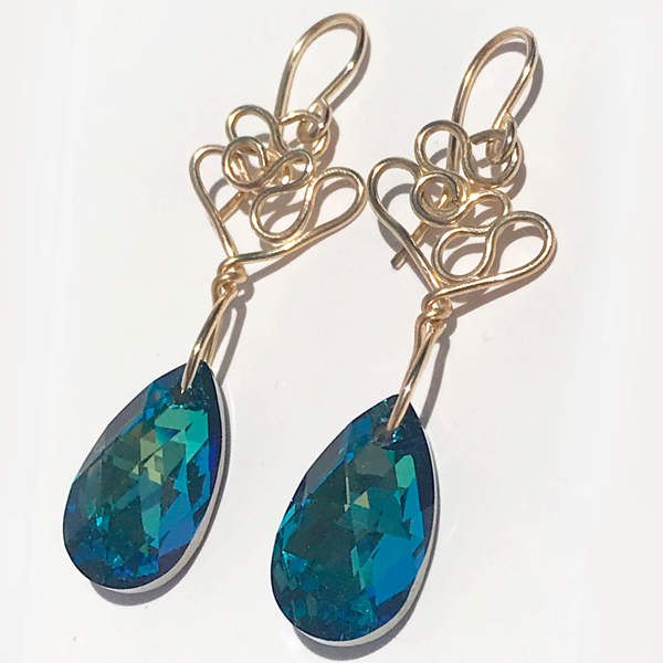 Hand Sculpted Gold Filled Earrings - Pear Crystals