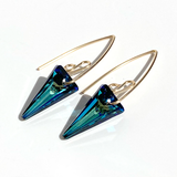 Small 14k Gold Elegant Scroll Design Spike Crystal Earrings - Unique Blue