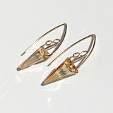 14k Gold Elegant Scroll Design Small Spike Crystal Earrings - Golden