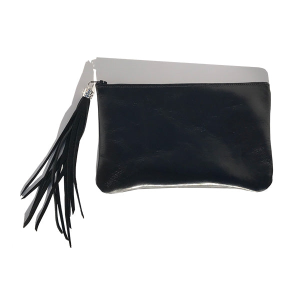 Bags Made in USA |  Monique Tassel Clutch – Soft Black Leather with crystals 