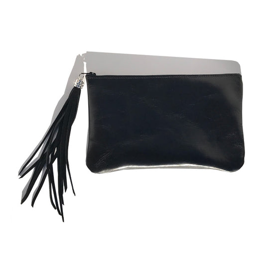 Bags Made in USA |  Monique Tassel Clutch – Soft Black Leather with crystals 