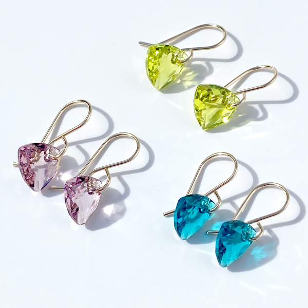 14k Gold Filled Mini Trilliant Cut Crystal Earrings - Colors Blue Zircon, Antique Pink and Lime