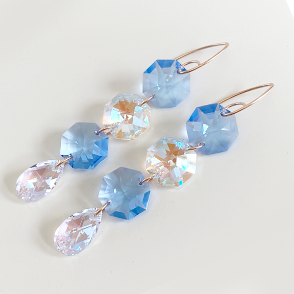 14k Rose Gold Regal Chandelier Drops - Trio Blue Swarovski