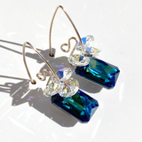 14k Gold Filled Elegant Scroll Emerald Cut Crystal Cluster Earring Collection - Unique Blue